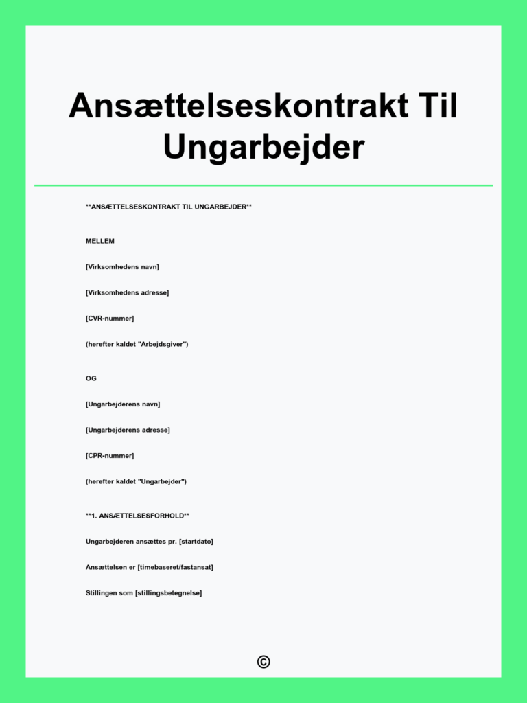 Download ansættelseskontrakt ungarbejder skabelon i PDF gratis