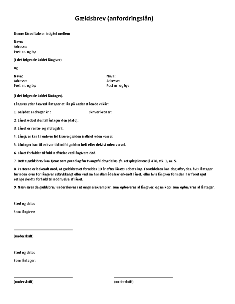 Download en gratis anfordringsgældsbrev skabelon i PDF