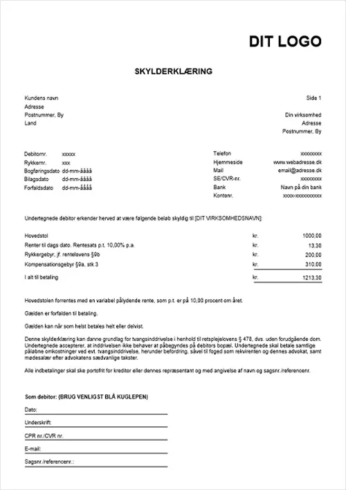 Download en gratis betalingserklæring skabelon i PDF