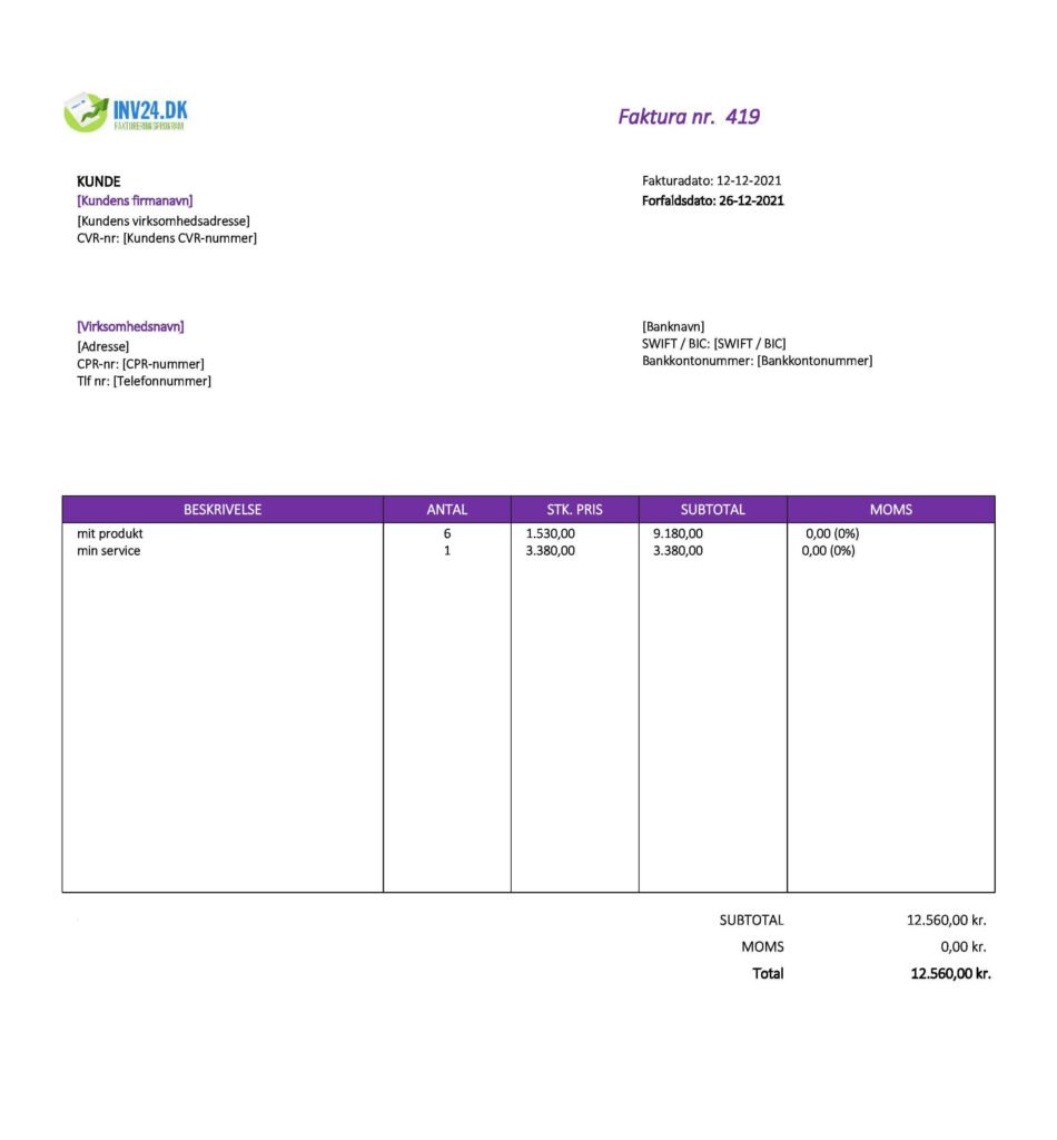 Download en gratis faktura skabelon cpr i PDF