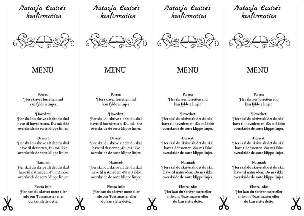 Download en gratis menukort skabelon til konfirmation i PDF