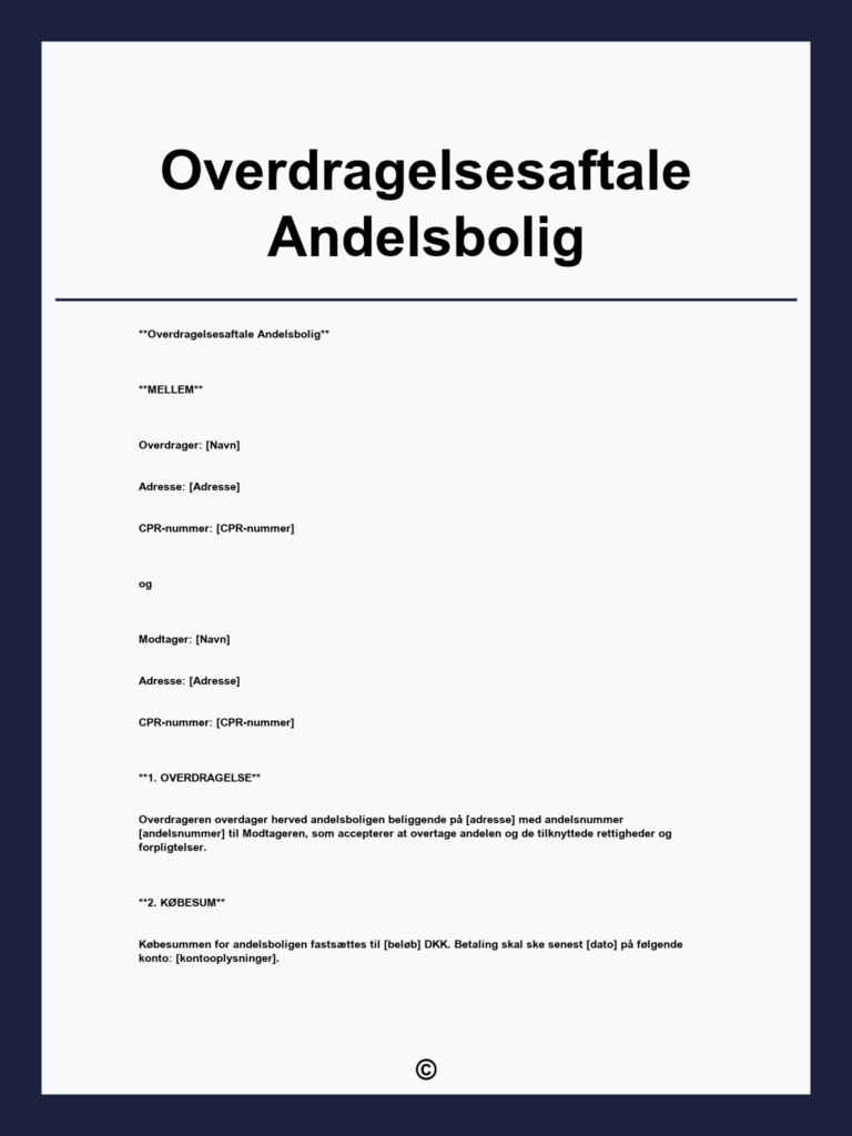 Download en gratis overdragelsesaftale andelsbolig skabelon i PDF