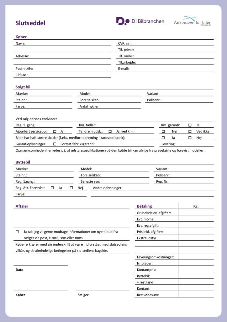 Download en gratis slutseddel bil skabelon i PDF