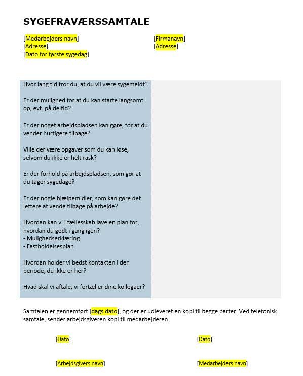 Download en gratis sygefraværssamtale skabelon i PDF