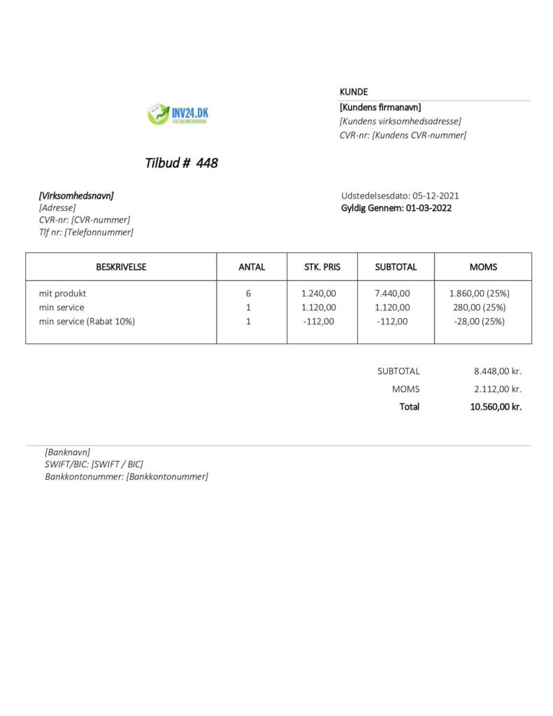 Download en gratis tilbudsliste skabelon i PDF