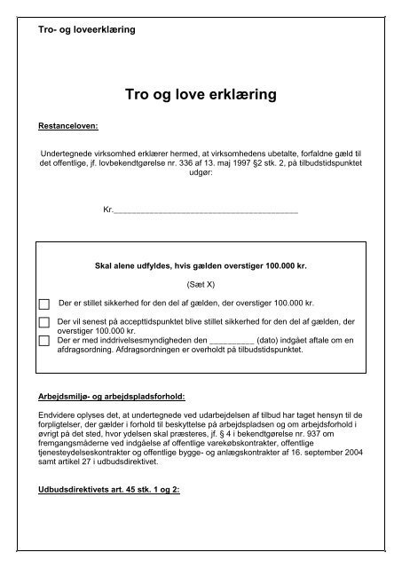 Download en gratis tro og love erklæring skabelon i PDF