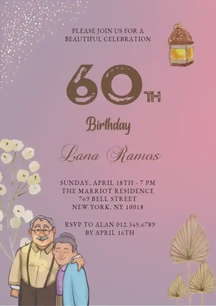 Download indbydelse til 60 års fødselsdag skabelon gratis i PDF og DOC til udskrivning